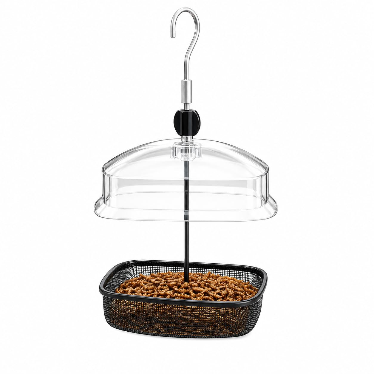 Garden Mealworm & Suet Bird Feeder with Clear Weatherproof Dome Cover, High-Sided Metal Mesh Tray, Hanging Wild Bird Feeding Station for Mealworms, Suet Pellets & Bird Food