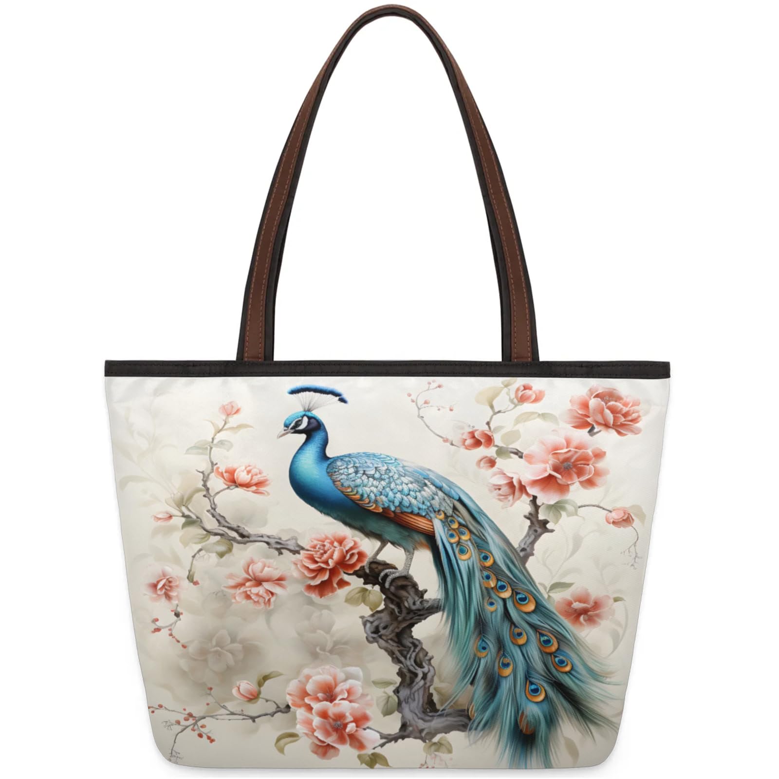 Vintage Floral Peacock Tote Bag Multi Pocket Zippered Beach Bag Lightweight Waterproof Handbag for Women Men Work Gym Travel Swimming Yoga Grocery Shopping M