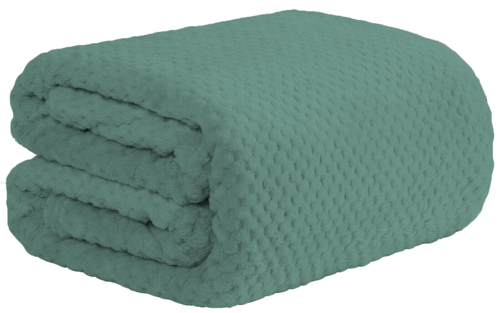 True Face Waffle Blanket Throw Over Sofa Bed Warm Fleece Faux Fur Green 150 X 200cm