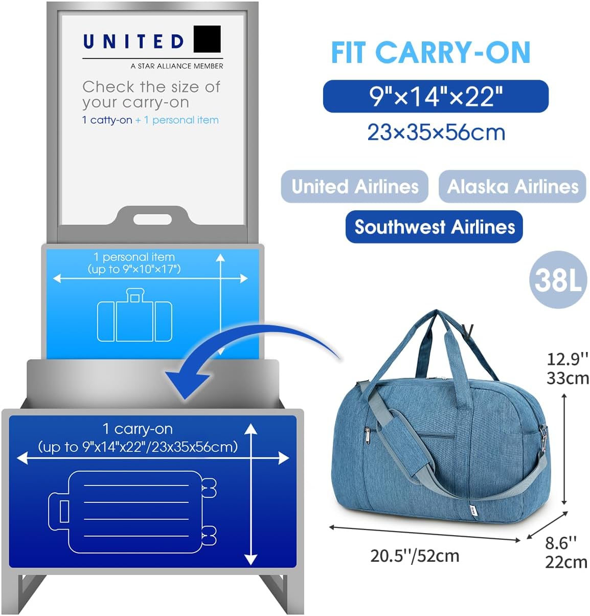 Narwey Carry on Bag 22x14x9 Airlines Approved, Carry on Duffle Bag for Airplane with Wet Pocket, Travel Duffel Bag Luggage Bag Weekender Overnight for Women Men (Navy Blue) - Image 2