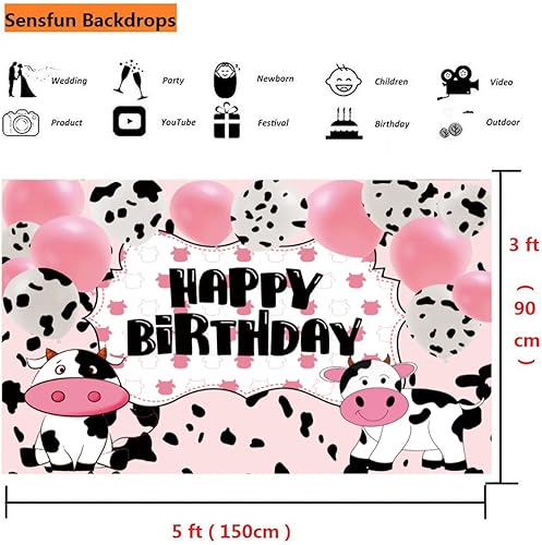 Miniatura 9 de Sensfun Cartel de fondo de dibujos animados de vaca con texto en inglés "Happy Birthday", decoraciones de fiesta de vaca, globos con estampado de
