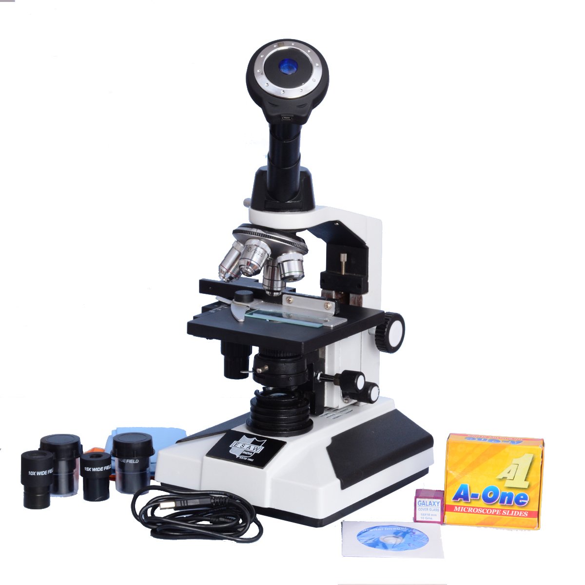 Esaw Led Illumination Pathological Doctor Compound Student Binocular Microscope with Brass Objectives 1.3mp Cmos Camera and Kit (White, 40x1500x Mag)-picture-31