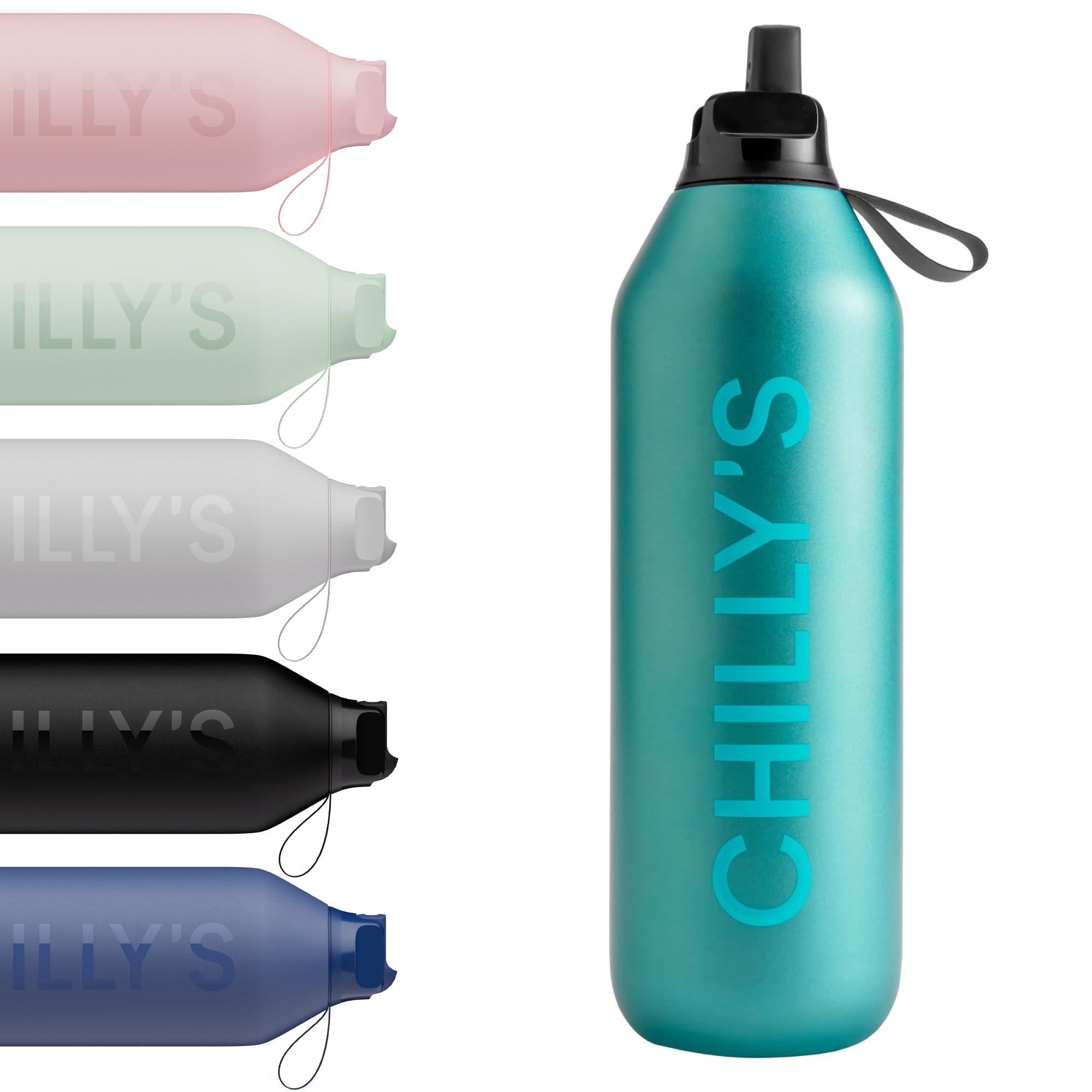 Chilly's Botella de Agua Serie 2 Flip con Tapa Deportiva - Botella de Acero Inoxidable con Aislamiento al Vacío, Pajita, Asa de Transporte y Cepillo de Limpieza - Sin Sudor