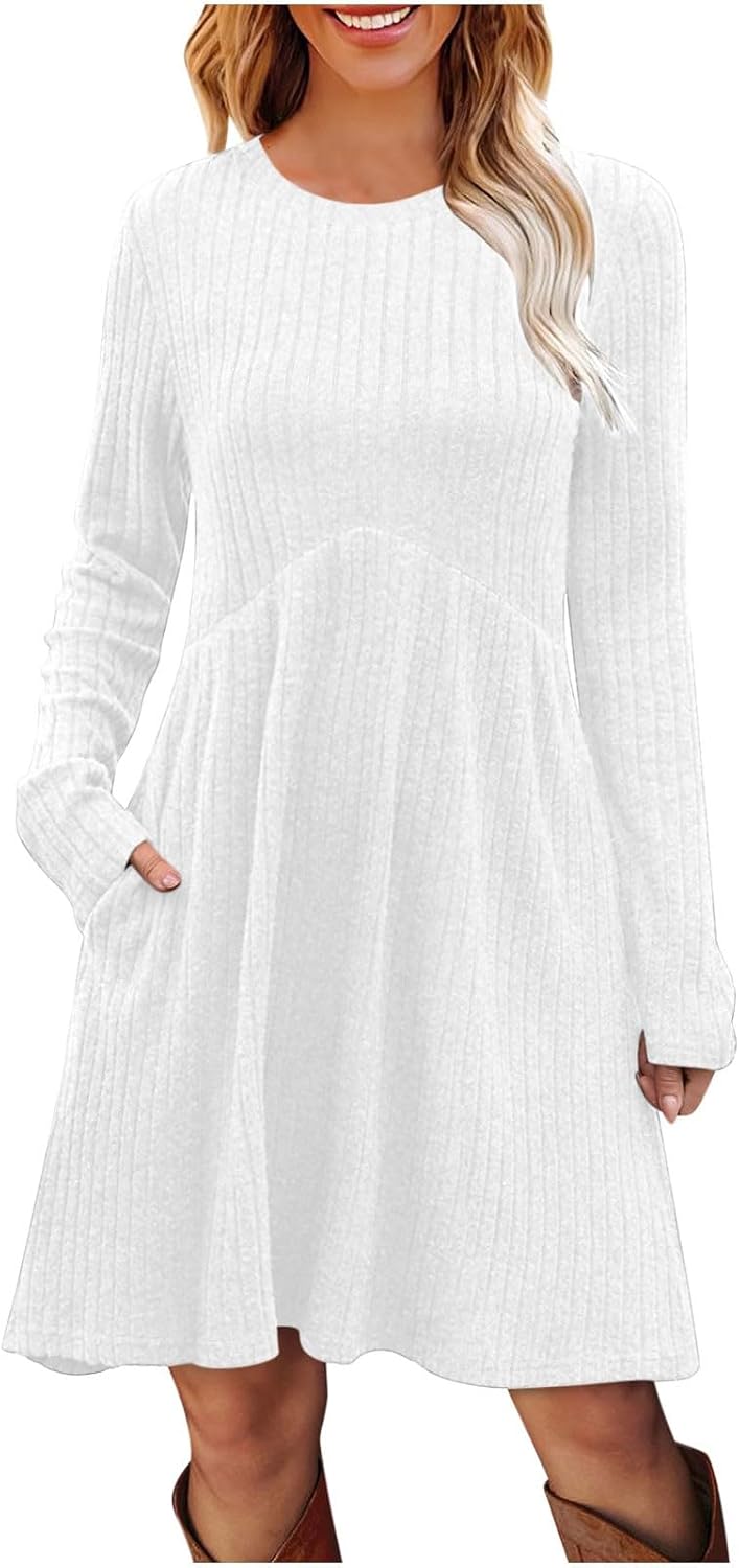 Women's Fall Sweater Dresses Round Neck Long Sleeve Ribbed Knit A Line Midi Dresses Business Casual Solid Clothes