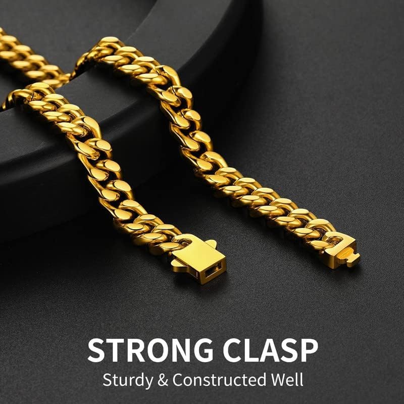 ChainsHouse Stainless Steel Mens Cuban Link Chain, Black/ 18K Gold Plated Miami Cuban Chain Necklace, 5mm/7mm/9mm/12mm/14mm Width, No Tarnish& Durable Hip Hop Mens Jewelry, 18"-30", Send Gift Box