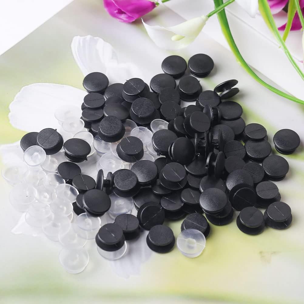 200 PCS Buckle Plastic Button, 2 Colors Shoe Charm Buttons Round Buttons DIY Shoes Accessories for Kids, Wristband Charm Backs (Black, Transparent)