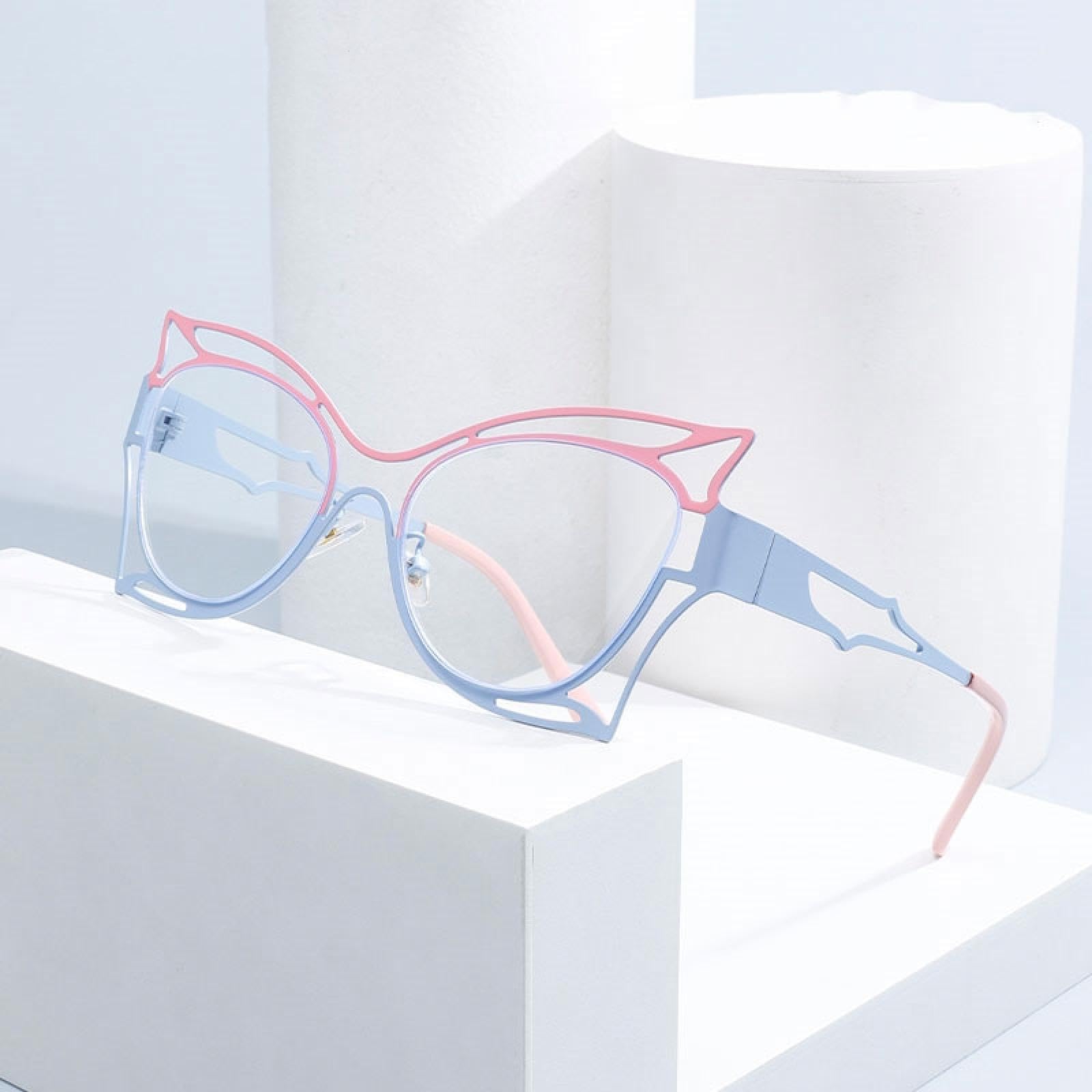 Montura de gafas de mariposa hueca para mujer, de metal con bloques de color