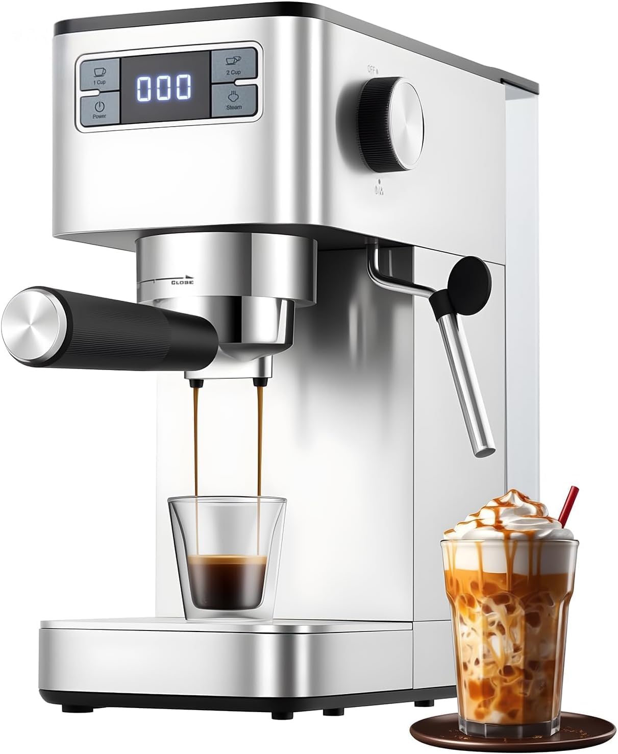 Cafetera espresso semiautomática de acero inoxidable 15 bares - Compacta con espumador leche Depósito agua extraíble 1,25 L Para capuchino y latte 1350 W Plateada estándar europeo