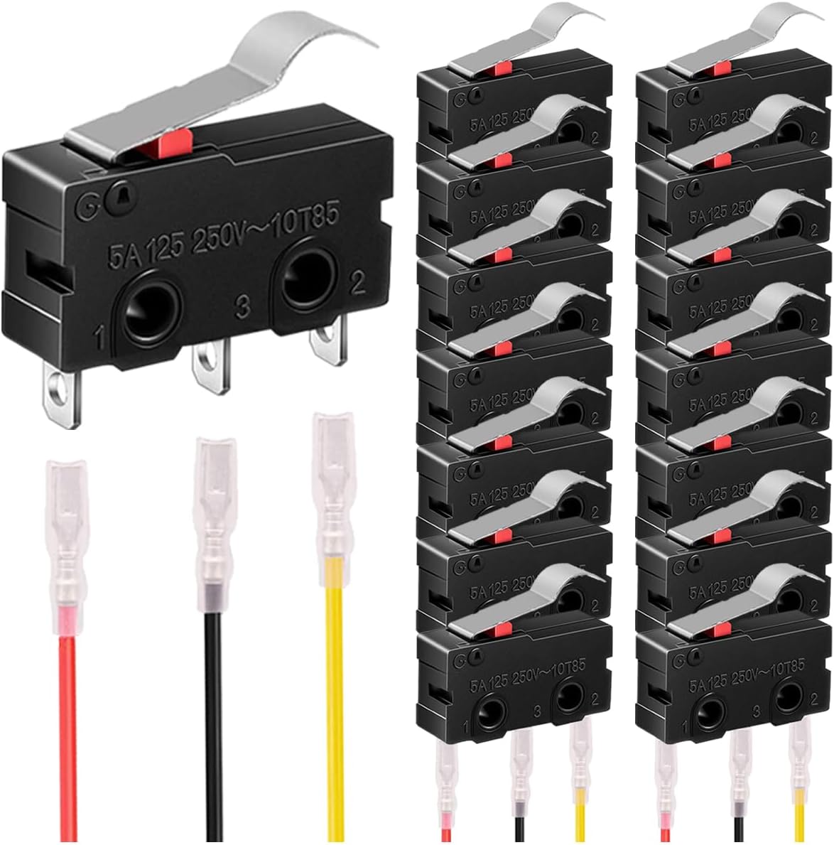 15Pcs Mini Micro Limit Switch 5A 125 250V AC SPDT 1NO 1NC Momentary 20mm/0.79inch Long Straight Hinge Lever Arm Switch Snap Action Button Type 3 Pins SPDT with 45Pcs Terminal Wires