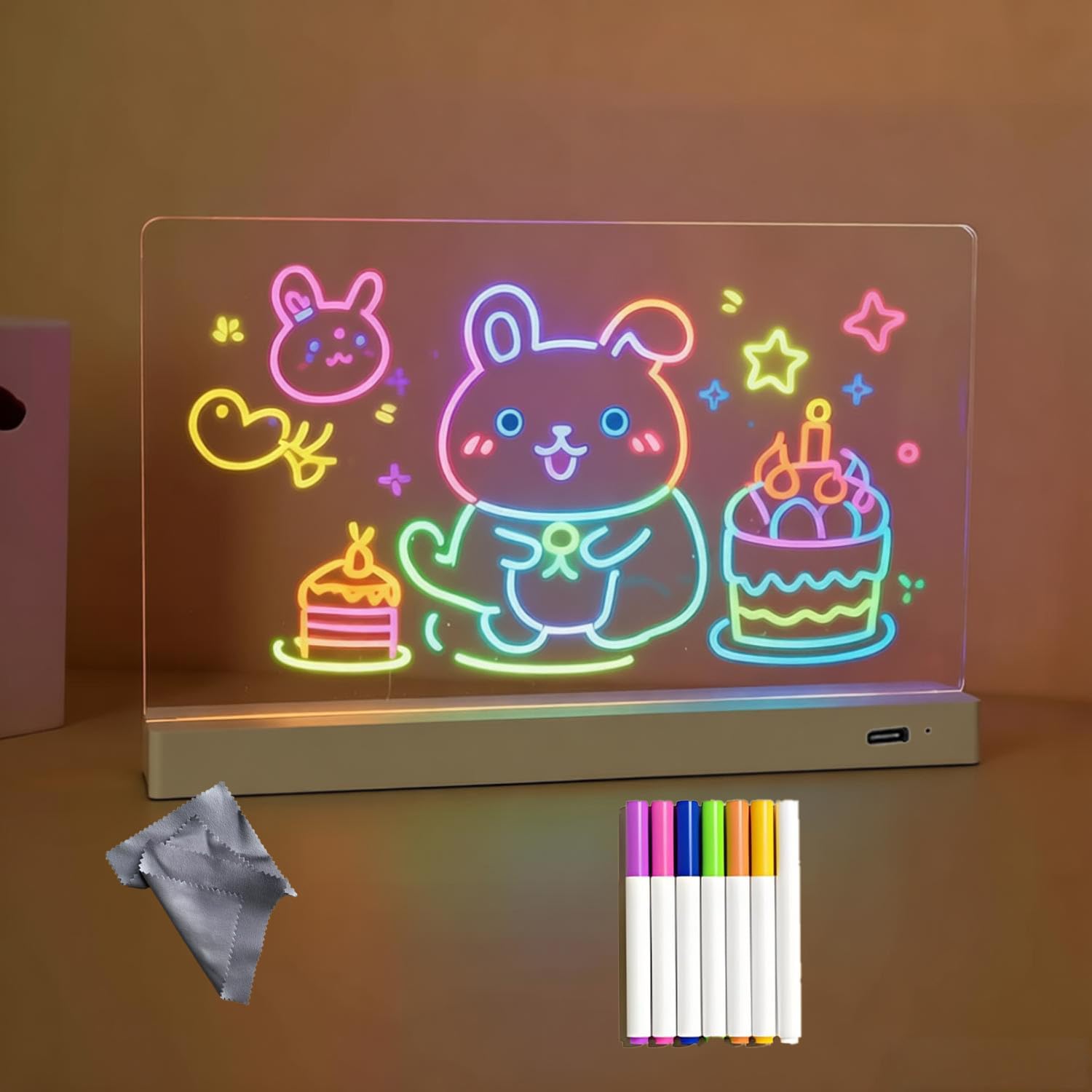 SCOCCA LEDお絵描きボード お絵描きタブレット 子供用 充電式LEDアクリルメッセージボード 7色ペン付き カラーノートボード 両面保護フィルム 再利用可能な光るメッセージボード 滑り止めベース 充電式電源アダプター付き バー ショップ クリスマスプレゼント 誕生日プレゼントに最適です(横置き)