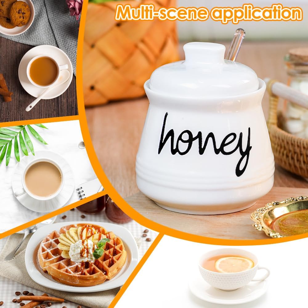 Porcelain Honey Pot with Lid and Glass Honey Stick, 12oz Ceramic Honey Dispenser with Dipper for Home Kitchen