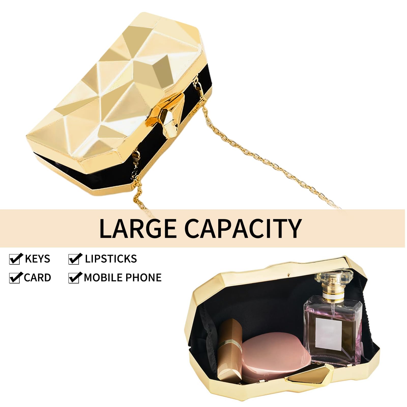 Pochette da sera metallizzata, motivo geometrico a reticolo, pochette da sera con cinturino a catena, per feste di nozze, eventi formali