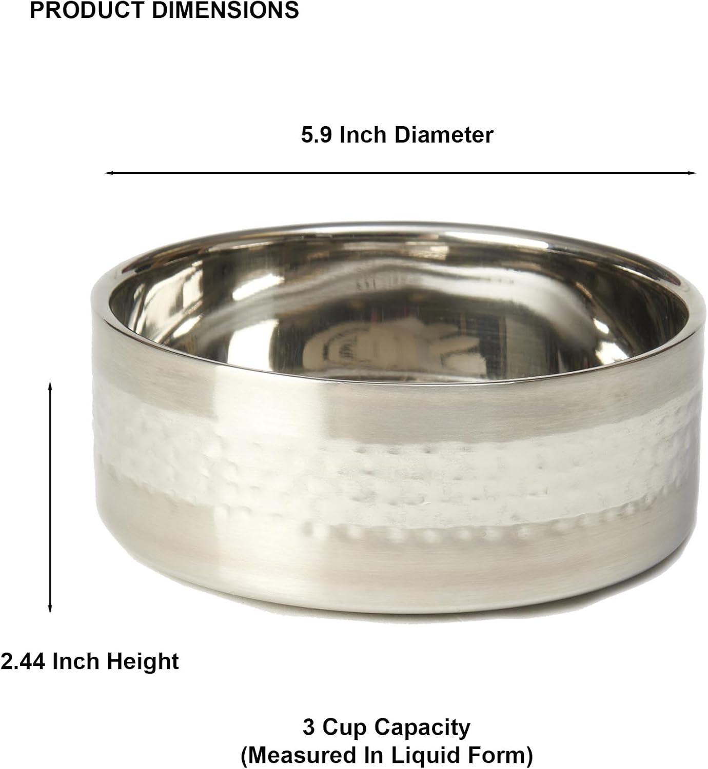 PetRageous 18435 Sanibel Stainless-Steel Hammered Double Walled Dog Bowl 5.9-Inch Width and 2.44-Inch Height 3-Cups Capacity, Metallic