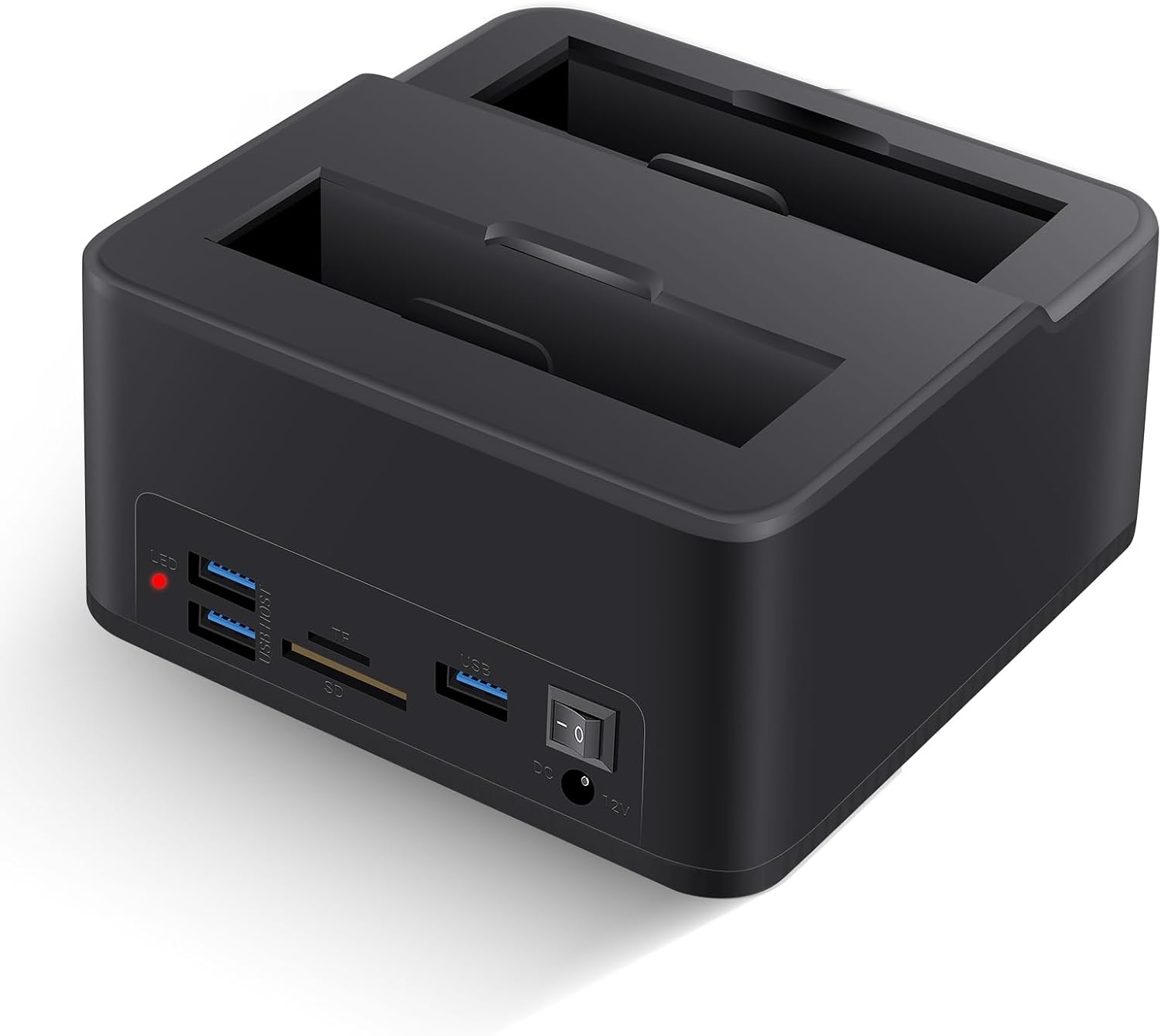 Doppio box esterno USB 3.0 per dischi rigidi SATA/SSD da 2,5″/3,5″ (fino a 2x16TB) con lettore di schede SD/MicroSD integrato, supporta clonazione offline, Plug & Play