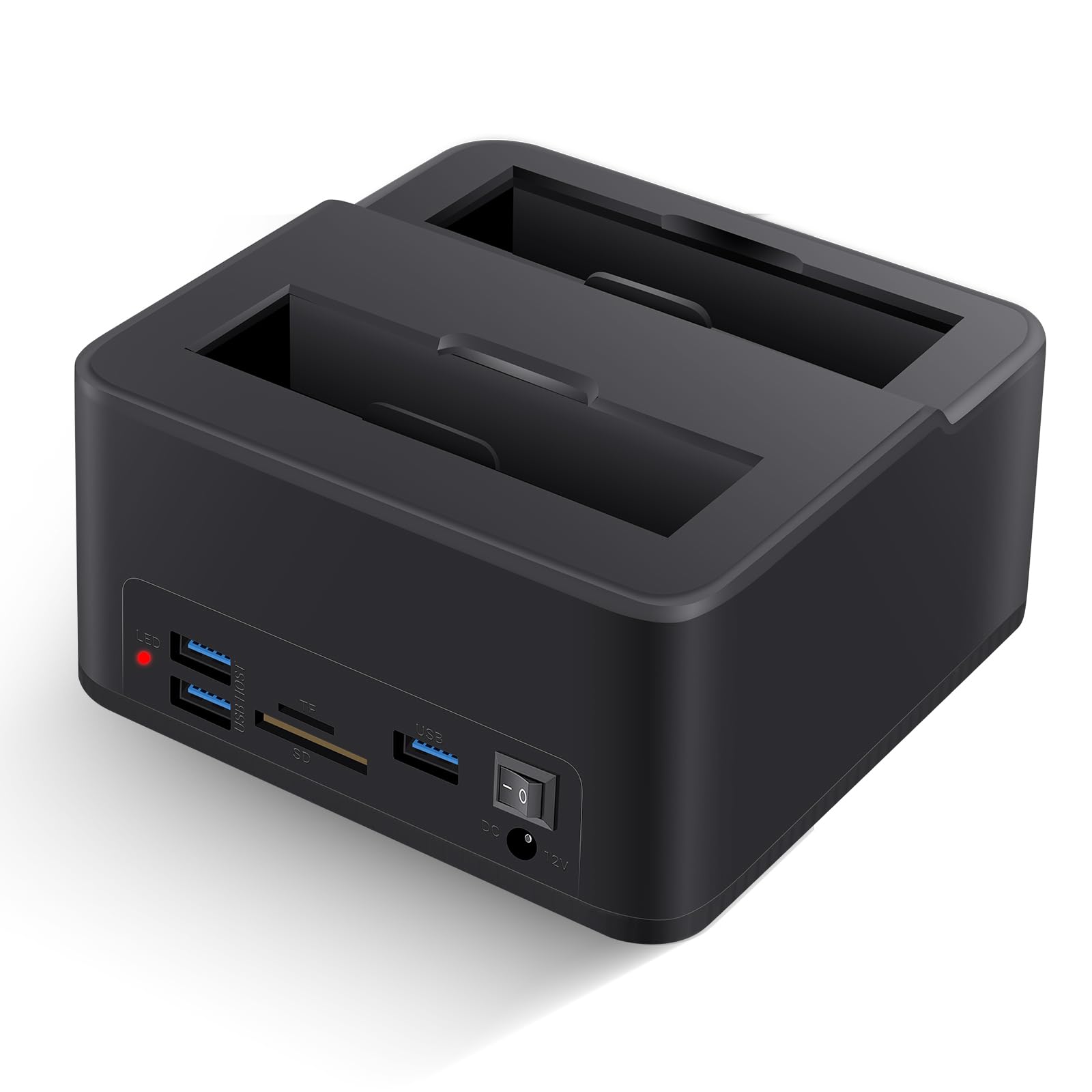 Docking station USB 3.0 doppio alloggiamento per dischi rigidi/SSD SATA da 2,5"/3,5" (fino a 2x16TB) con lettore di schede SD/microSD integrato. Supporta la clonazione offline, Plug & Play