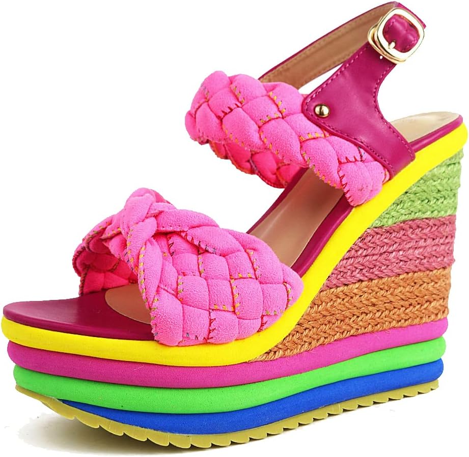 Tscoyuki Double Woven Band Wedge Sandals for Women, Cute Colorful Espadrilles Platform High Heel Sandals Ankle Strap Open Toe Slingback Summer Shoes
