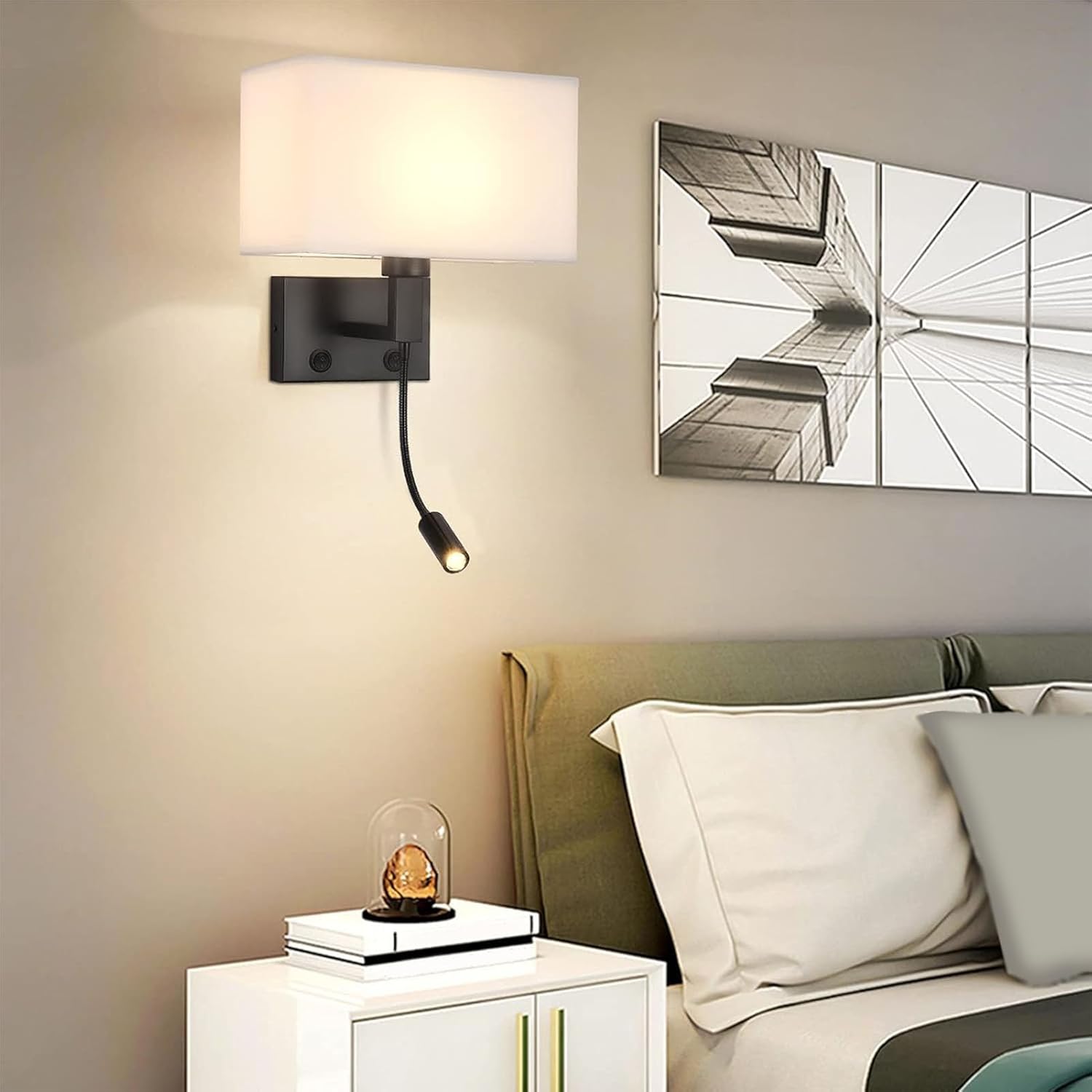 Bedside Wall Mount Light, Hardwired Modern Bedroom Wall Sconce Fixtures with Linen Lampshade, Reading Light Suitable for E27 E26 Bulb for Living Room Hotel Corridor