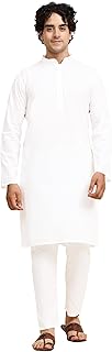 SKAVIJ Men's Pure Cotton Solid Kurta Pajama Set Mandarin Collar Daily We...