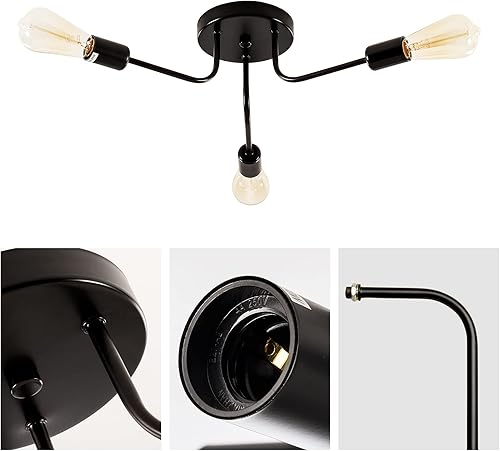Miniatura 9 de Lámpara de techo industrial semi empotrada con 3 luces de techo con ramas de metal ajustables, soporte E26, pintado en negro, para cocina, sala de