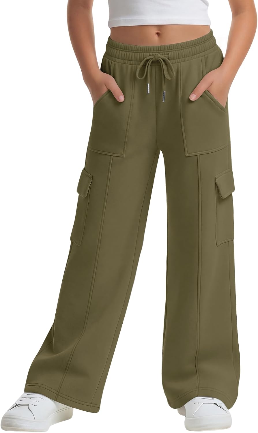 Xaatren Girls' Sweatpants Kids Wide Leg Cargo Pants Teen Drawstring Baggy Joggers with Pockets