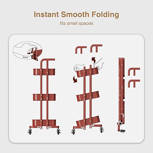 Miniatura 5 de Carrito plegable de 3 niveles, carrito de metal con ruedas, 3 tazas colgantes y 6 ganchos, carrito plegable para sala de estar, cocina, baño,