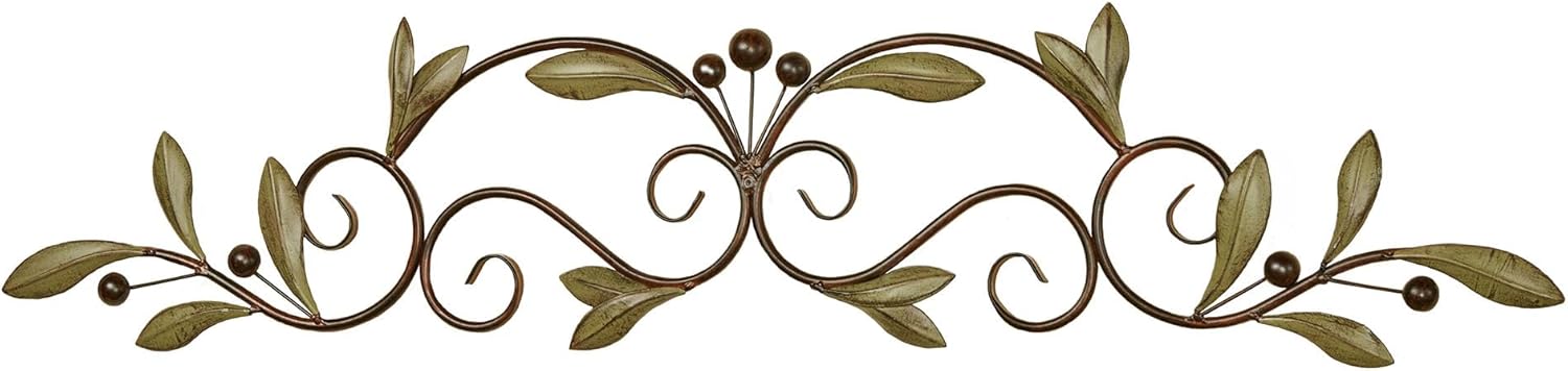 Catalonia Olive Metal Wall Art Topper | Medium, Wide Handcrafted Design | Handpainted Brown Earth Tones | Openwork Scrolls with Olive Leaves | Hang Alone or Above Your Doorway, Window, or Artwork