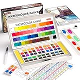 CONJUNTO DE ACUARELA TODO EN UNO: El juego de pintura de acuarela Shuttle Art 48 colores contiene todo lo que necesita para pintar con acuarela, incluidos 48 colores en medias bandejas, 2 rotuladores de agua recargables, 10 pinceles de pintura, 18 hojas de papel de acuarela grueso, 1 paleta de mezcla, 1 esponja, 1 gráfico de acuarela y 1 tarjeta de prueba en una caja portátil, perfecta para pintar sobre la marcha.
