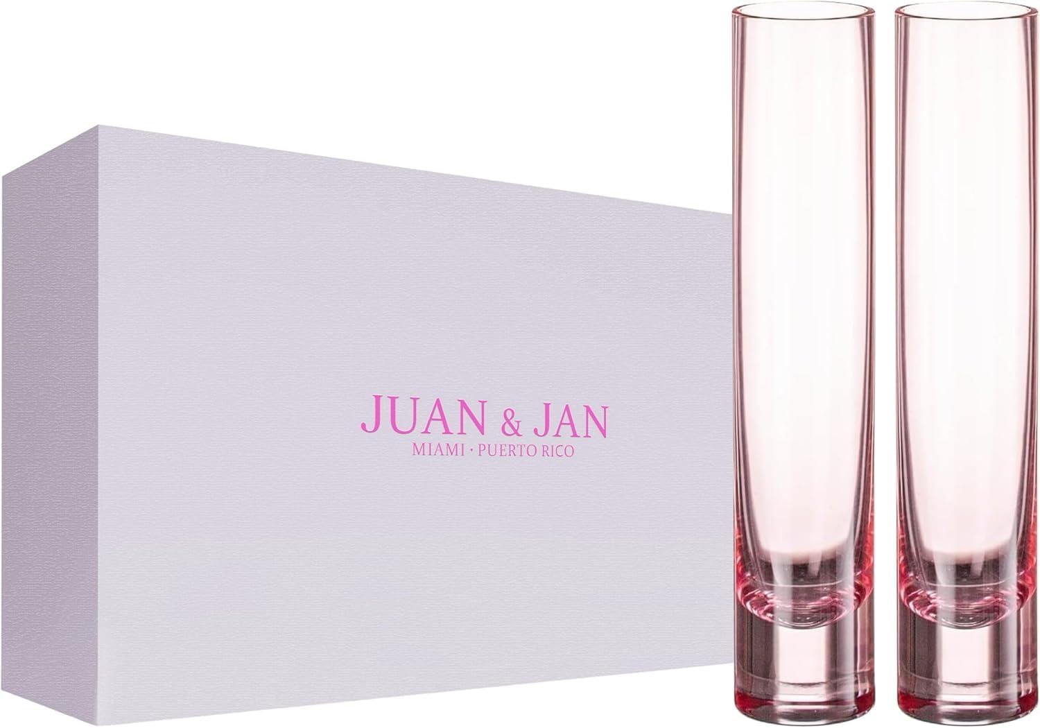 JUAN & JAN Translucent Pink Champagne Glasses with Beautiful Gift Box Set of 2 Modern Hand Blown Crystal Flute Pair 237ml Stemless Cocktail Sparkling Wine Drinking Mimosa Glasses for Easter, Party