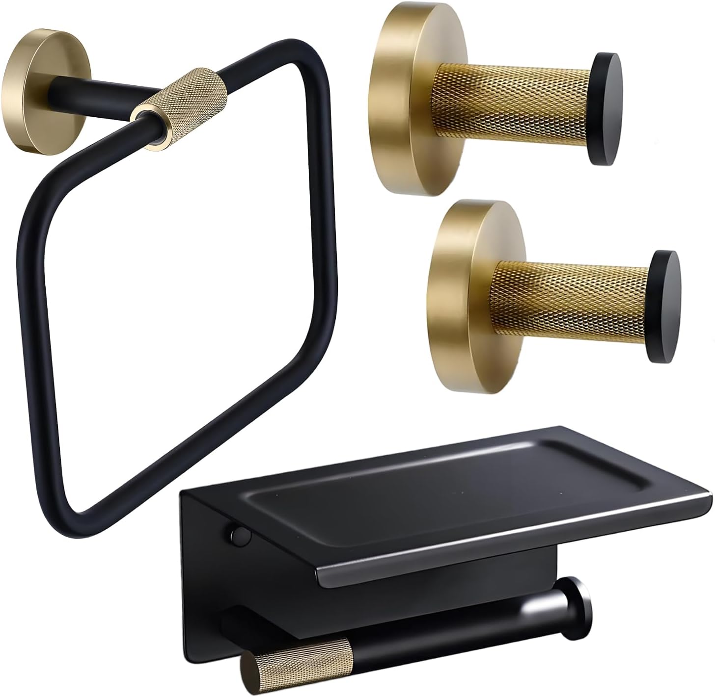 4-Piece Black Gold Bathroom Hardware Set, Toilet Paper Holder with Shelf, Towel Ring and 2 Robe Hooks, Wall Mounted Bathroom Accessories in 304 Stainless Steel with Brass Knurled Accents
