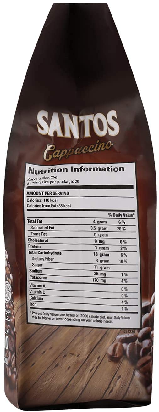 Santos Cappuccino Premix Instant Coffee 3-in-1 with Chocolate Granule Made of Cocoa Powder and Palm Sugar (Wrapped Separately) - Net Weight 500g (20 Sachets in Each Pack x 25g) – Pack of 2