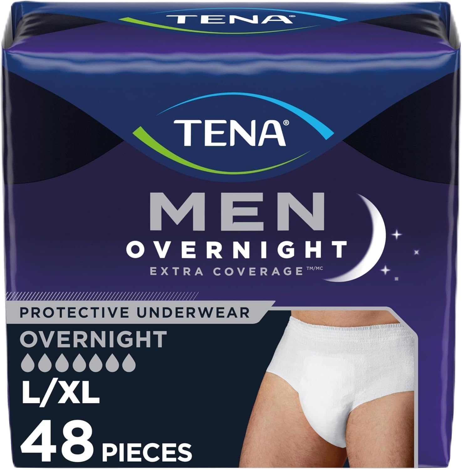 Men Overnight Extra Coverage Underwear for bladder control, Masculine, Discreet, L/XL, 48 Count (Waist size 44in-64in)