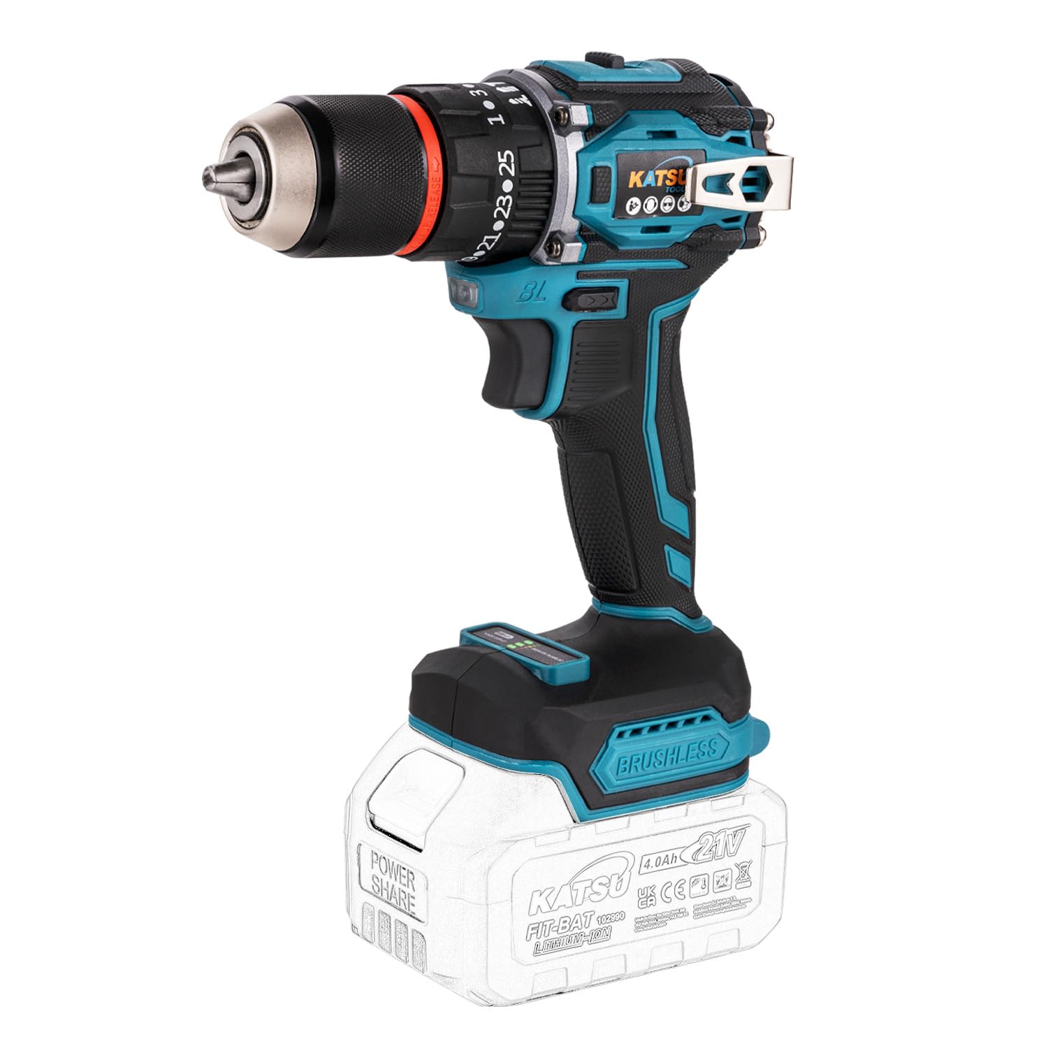 KATSU FIT-BAT de 21 V Taladro atornillador de impacto inalámbrico sin escobillas, portabrocas de 13 mm, sin batería 102624