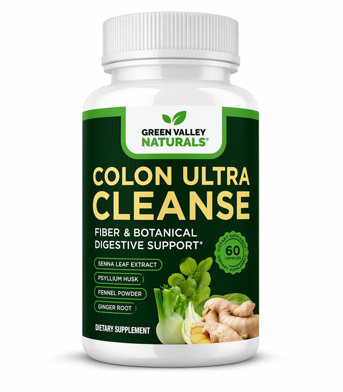 Colon Ultra Cleanse │ Daily Digestive Health &amp; Regularity Support │ Psyllium Husk, Senna Leaf, Ginger &amp; Fennel │ NAC &amp; Goldenseal │ Non-GMO │ Made in USA │ 60 Capsules │ Green Valley Naturals
