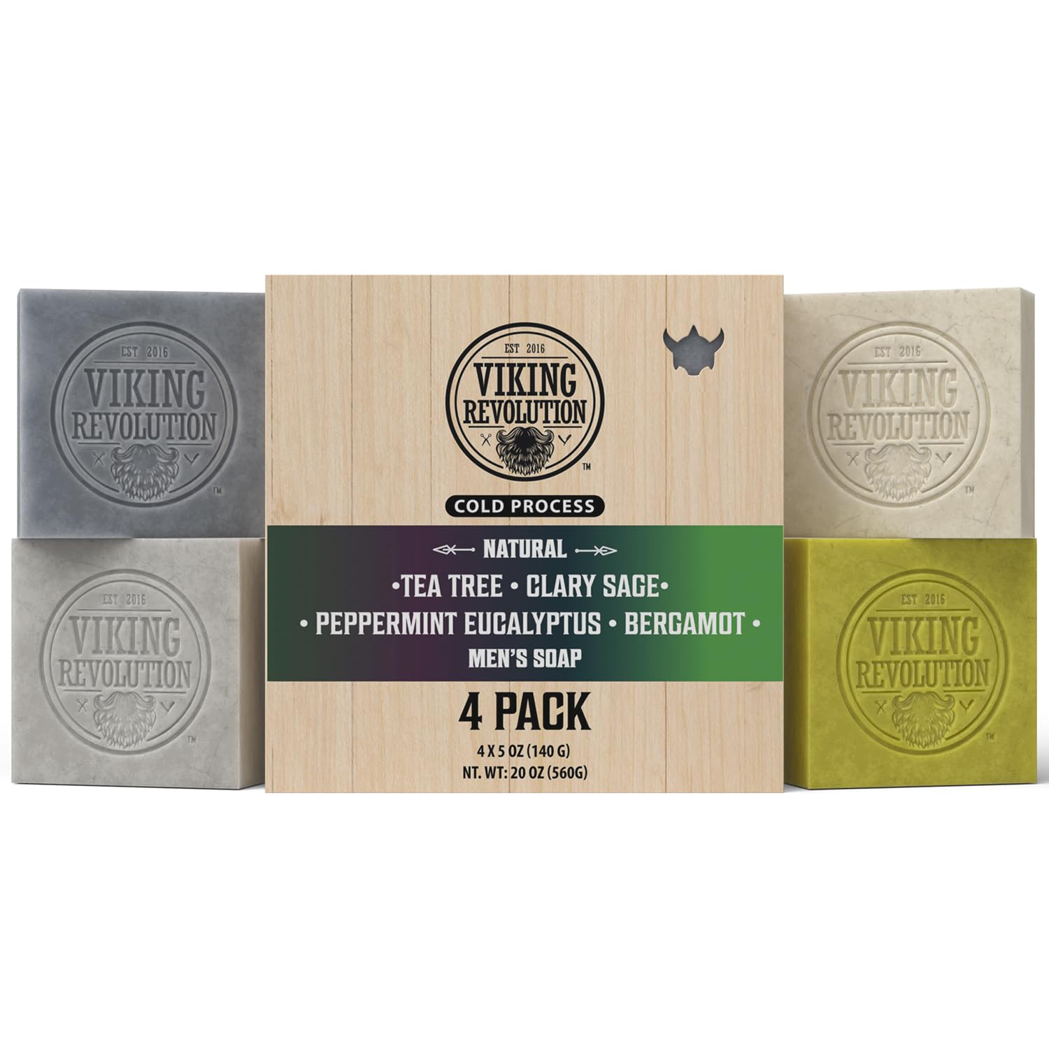 Mens Soap - 4 x 140 g - Variety Pack With Tea Tree, Clary Sage, Peppermint Eucalyptus, Bergamot - Mens Soap Bar with Essential Oils Cold Pressed - Coconut Oil, Shea Oil, Almond Oil