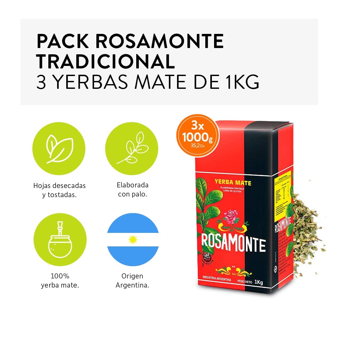 Pack de Yerba Mate Rosamonte 1Kg - 3 Unidades - Total 3 Kg de Yerba Mate