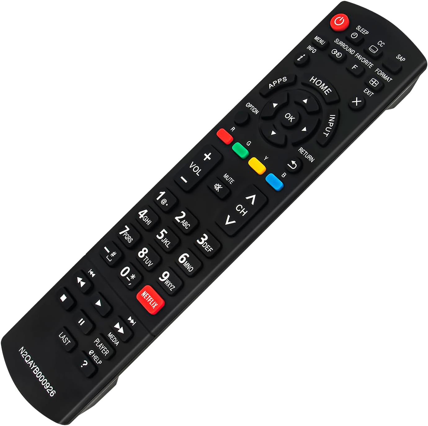 פראָנט view of the VINABTY N2QAYB000926 remote control, showing all buttons.