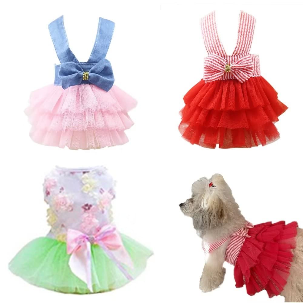 Clopon 3 Pack Dog Dress Birthday Puppy Clothes for Small Dogs Girl Lace Tutu Vest Skirt for Tiny Puppy Dress XS