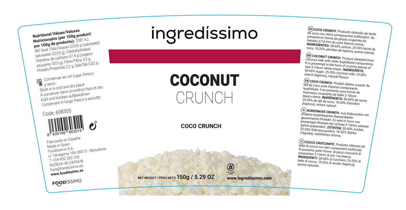 INGREDISSIMO Coco Liofilizado Crunch, Leche de Coco, Fruta Seca Troceada 2-10mm, sin Gluten, Snack Saludable Crujiente Blanco Crema, 150 g