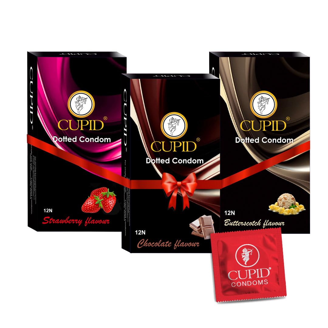 Cupid Dotted & Flavoured Condoms Chocolate, Strawberry & Butterscotch Flavour (Pack of 3) | Lubricated & Multitextured Condoms | For Her Enhanced Pleasure | Pack of 3, 12 Pcs Each-image-47
