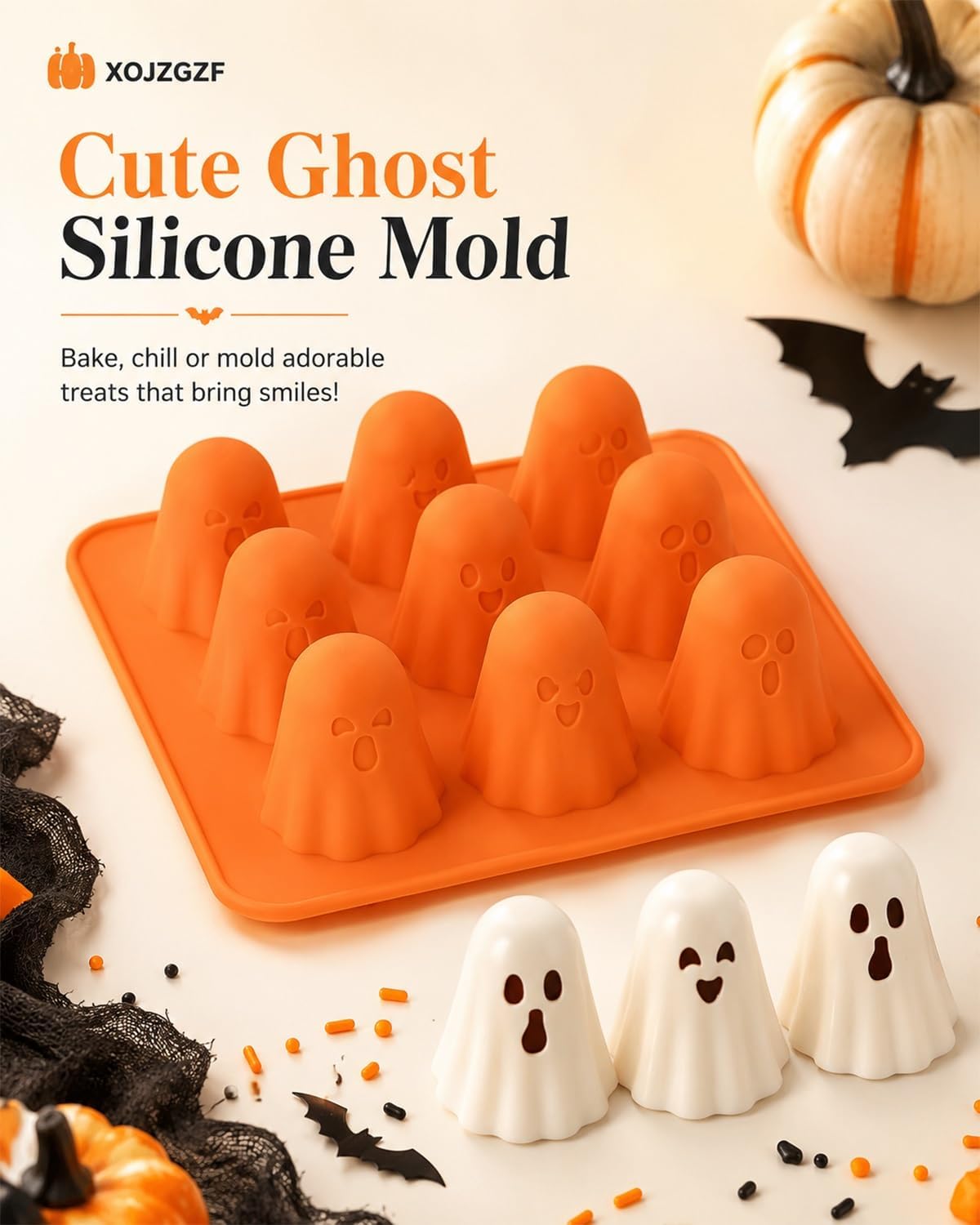 Ghost Jello - Molde de silicona 3D para hornear Halloween, 6 unidades x 8 cavidades | Silicona de grado alimenticio, antiadherente, dulces y chocolate, decoraciones de fiesta, mini bandeja de cubitos de hielo