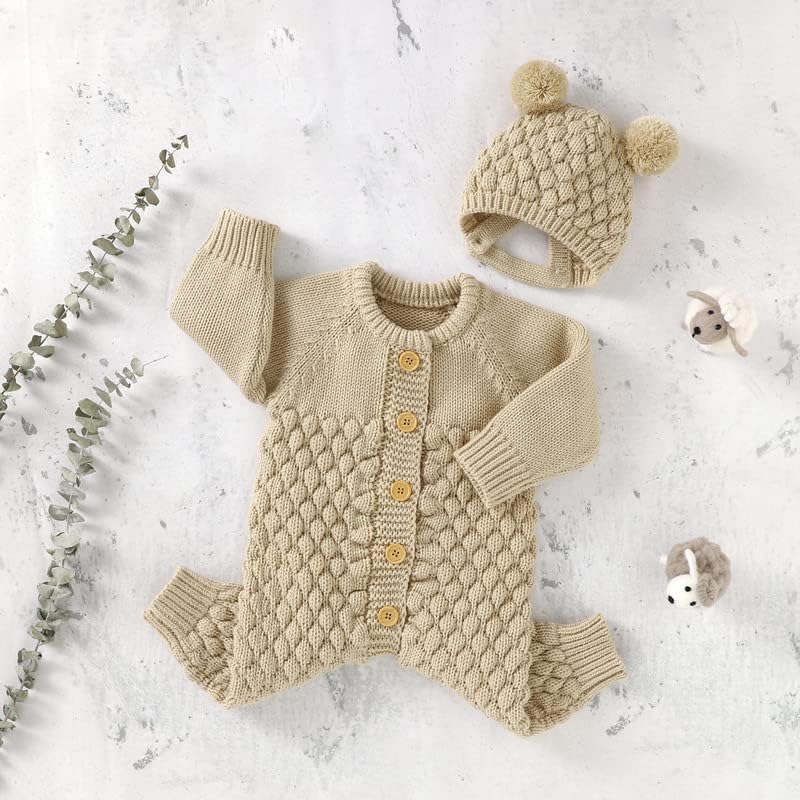 LAWKUL Baby Outfit Cotton Knit Newborn Infant Romper Knitted Longsleeve Sweater Clothes With Warm Hat Set Toddler Boy Girl - Image 2