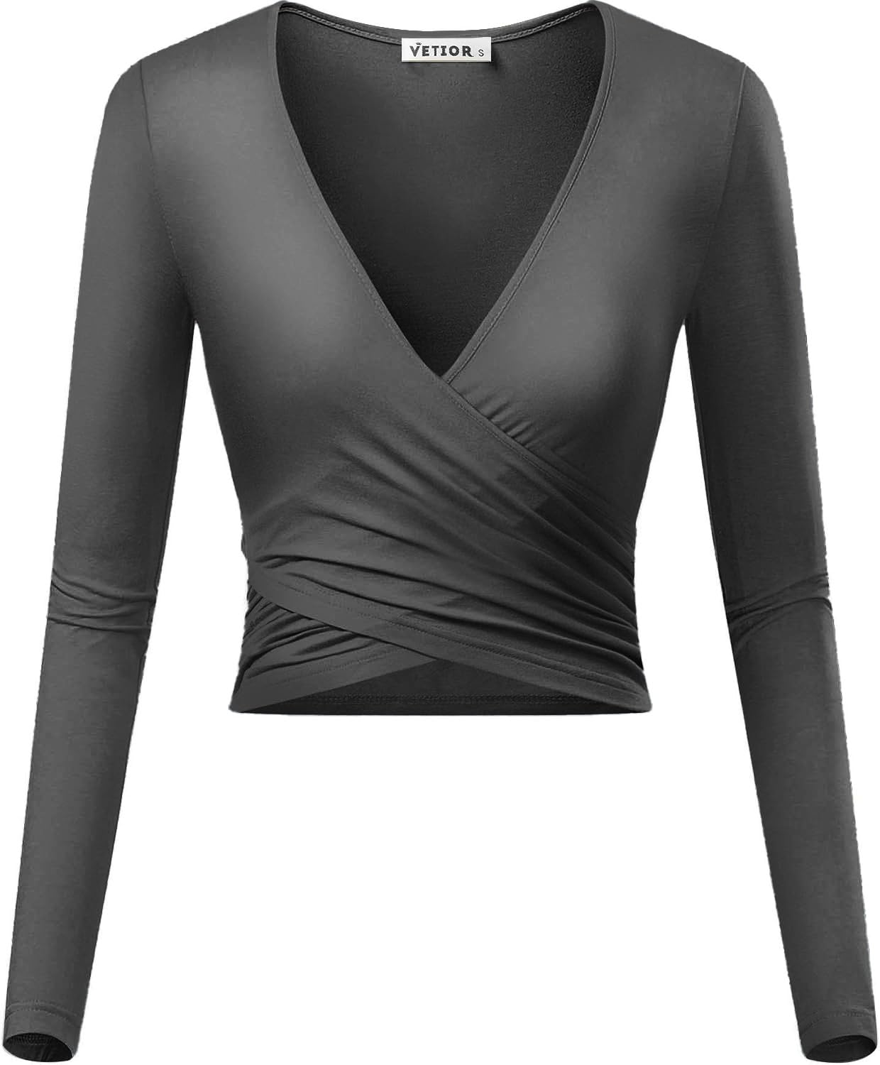 VETIOR Women's Deep V Neck Long Sleeve Unique Slim Fit Cross Wrap Shirts Crop Tops