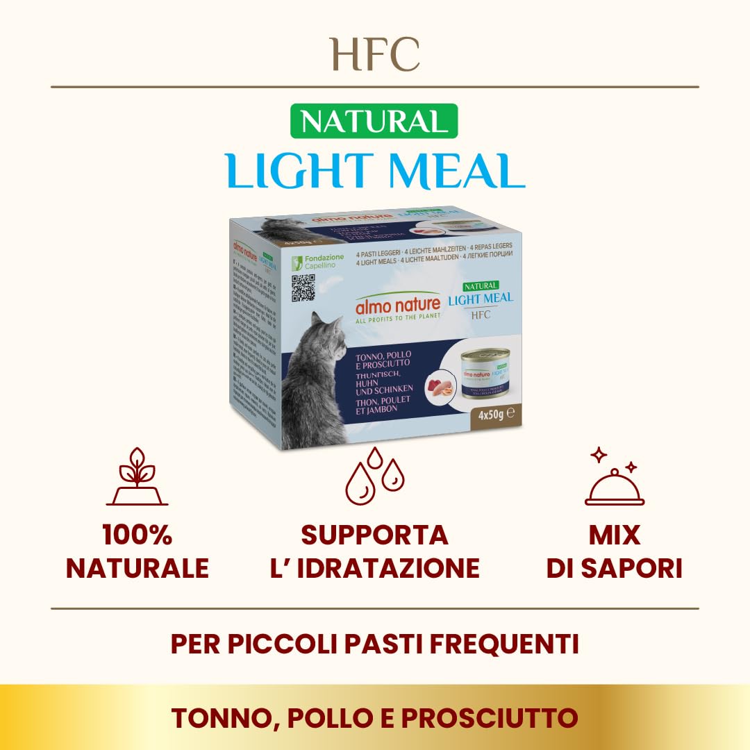 Almo Nature HFC Natural Light Meal - Alimento Umido per Gatti - Tonno, Pollo e Prosciutto - Human-Grade, Gluten-Free - 50g (Confezione da 4)
