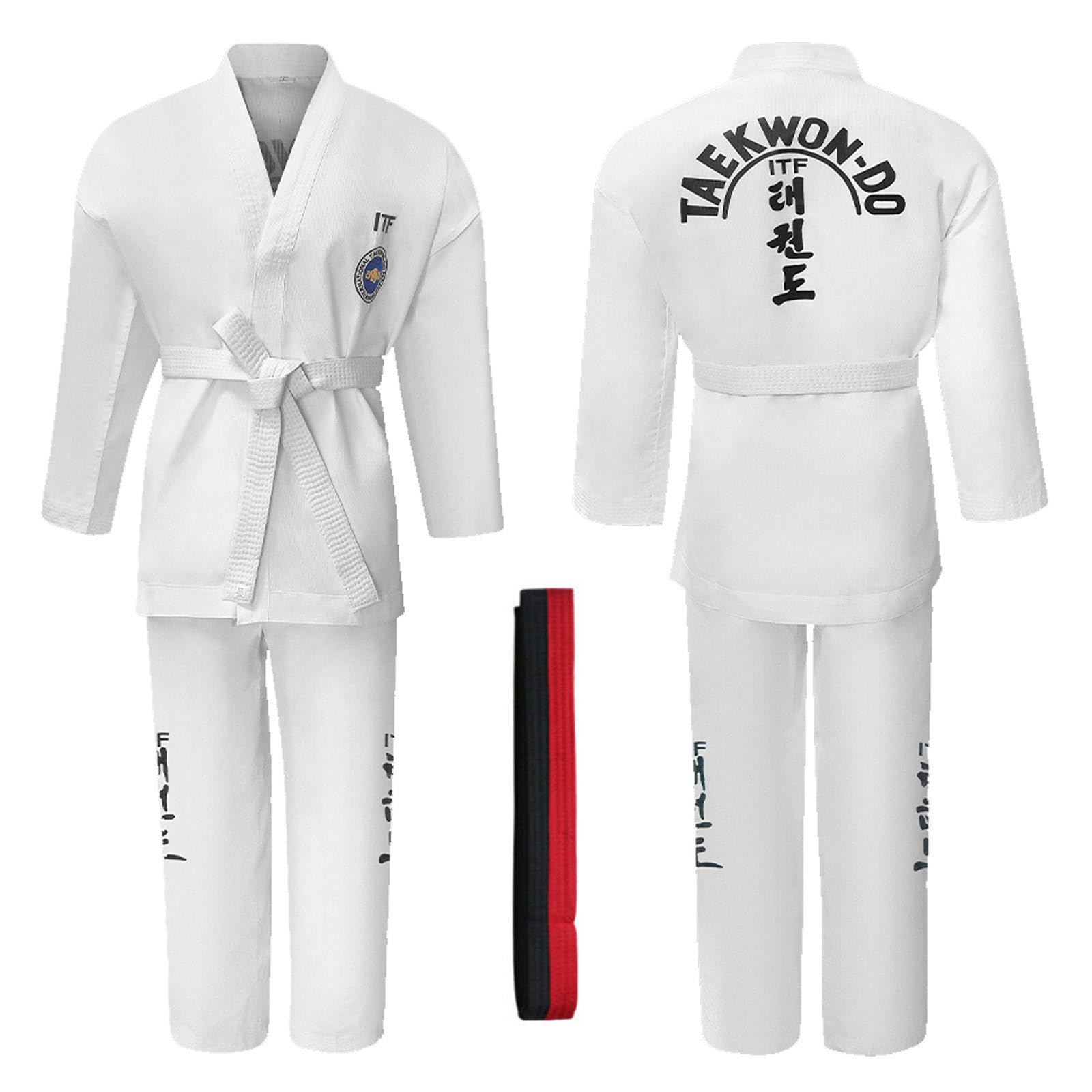 CHUIKUAJ Uniforme da Taekwondo ITF per Bambini, Kimono da Karate Perfetto per Allenamento e Combattimento, Uniforme Leggera in Policotone per Arti Marziali per Adulti con Cintura,White-140