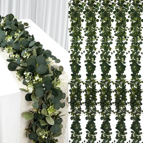 YIJXPOIN 6Pcs Eucalyptus Garland 6FT Green Flower Garland Decor Artificial Faux Eucalyptus Leaves Greenery Vines for Table Runner Wedding Bedroom Mantle Centerpieces Backdrop Decorations