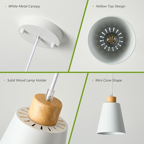 Miniatura 6 de Mini lámparas colgantes de madera blanca para isla de cocina, cono de 7.87 pulgadas, luces colgantes de techo modernas, sombra hueca, luz de isla