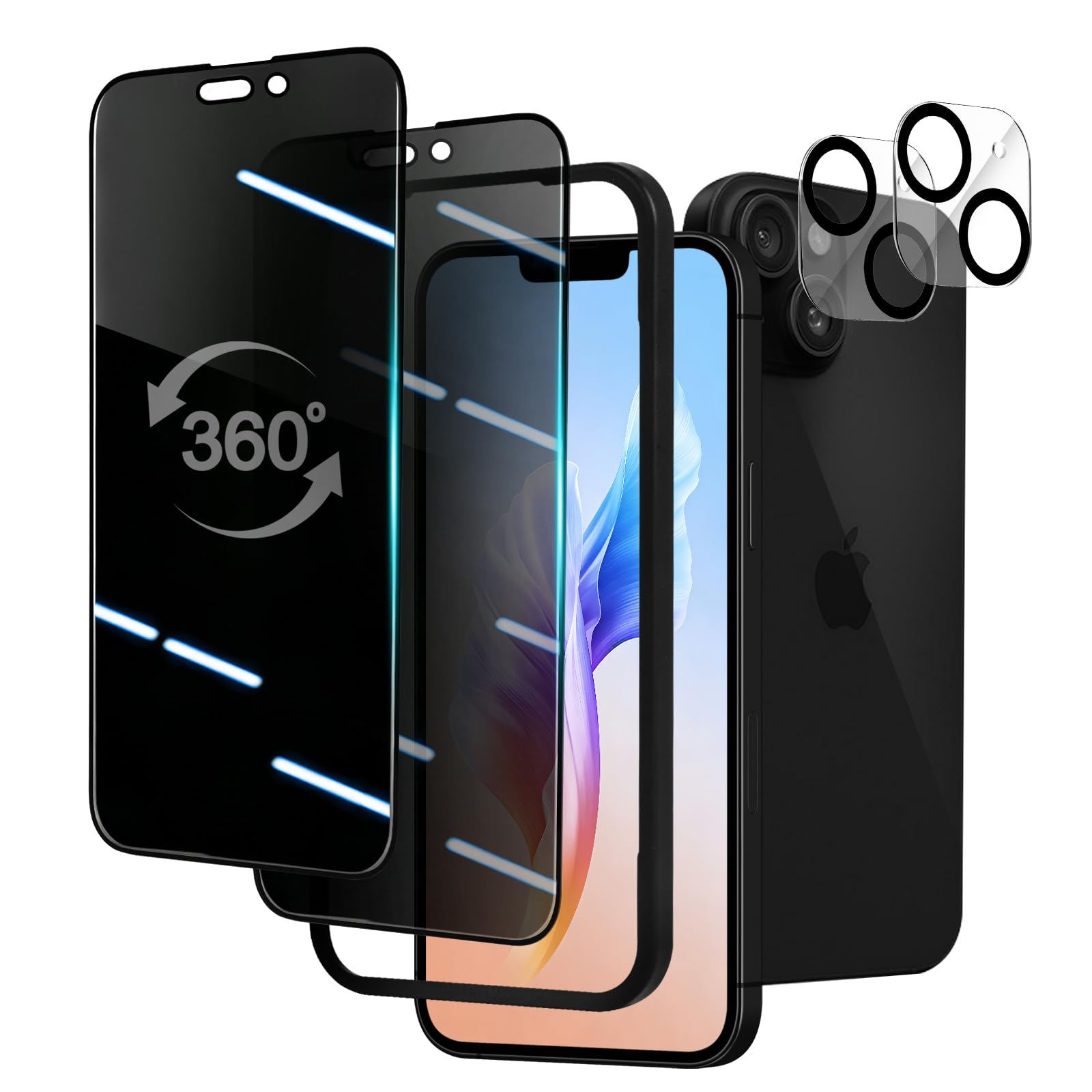 PRTEXLAB【360°覗き見防止】 iPhone13 用 ガラスフィルム 360°全方向 あらゆる角度 覗き見防止 アイフォン13用 傷に強い 米軍MIL規格 硬度9H 強化ガラス 耐久性強い プライバシー保護 高透過率 飛散防止 (ガイド枠+クリーニングセット付き) (レンズ保護フィルム2枚) (2枚セット) (iPhone 13)
