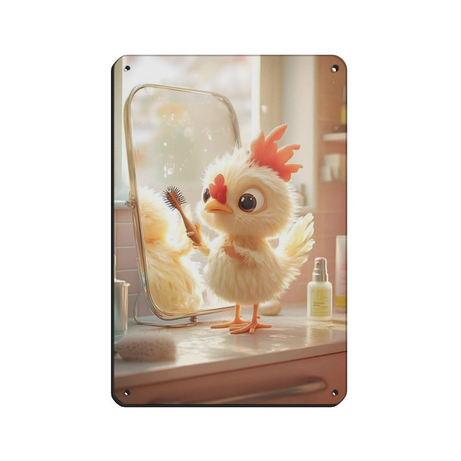Lxwnze 20L X 30W Cm Cute Chicken Bathroom, Adorable Animal Mirror Tin Sign Vintage Metal Pub Club Cafe Bar Home Wall Art Decoration Poster Retro 8X12inch(20X30cm)