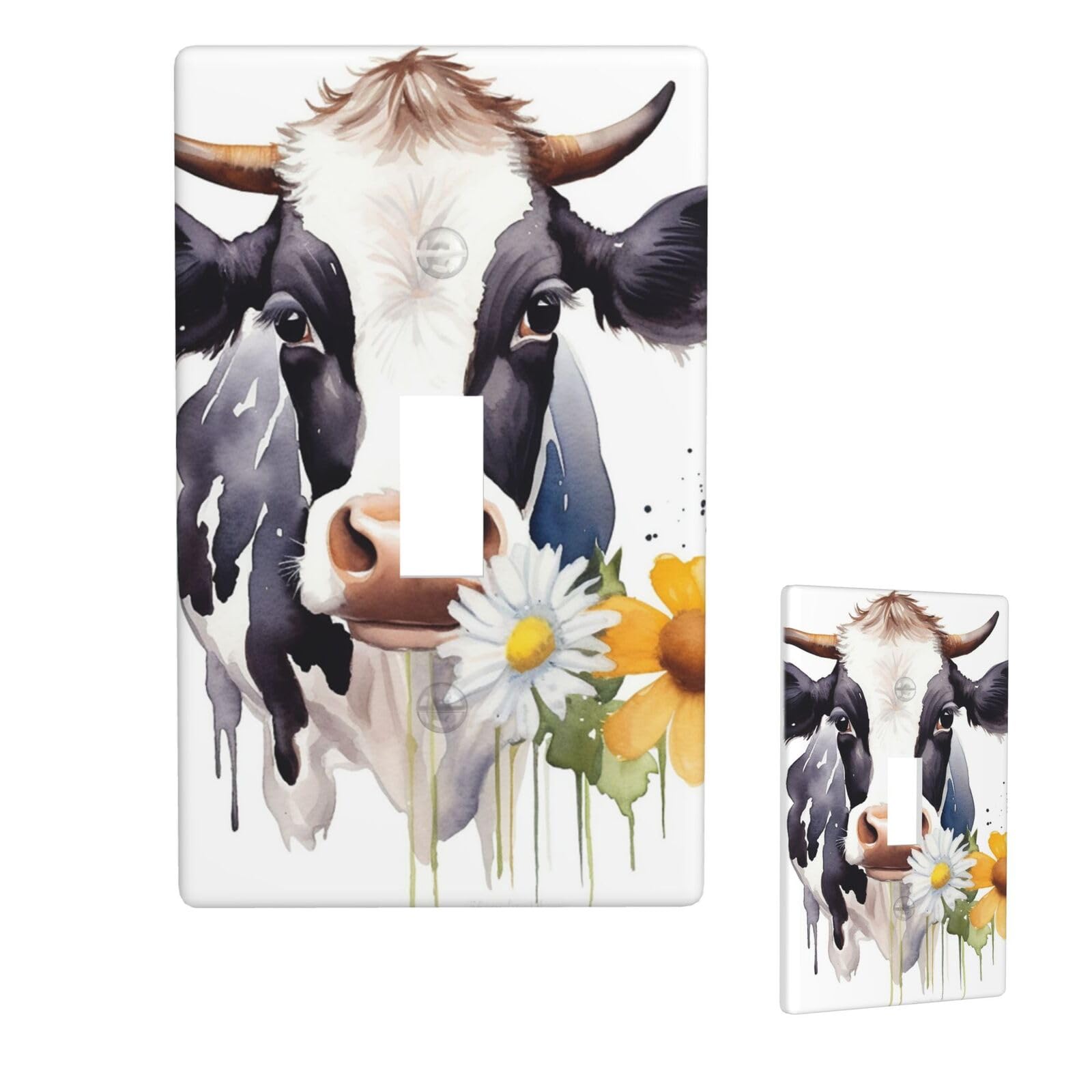 Aceprints Watercolor Cow And Daisy Flower 1 Gang Single Toggle Wall Plates, Unbreakable Decorative Light Switch Plate Covers Electrical Switchplate Cover Faceplate For Bathroom Kitchen Decor