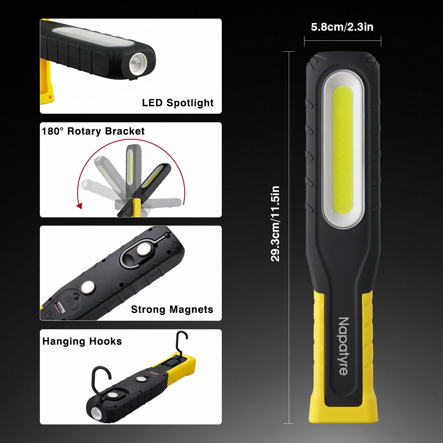 Lámpara de trabajo LED, recargable, 1000 lúmenes, con base magnética, 5 modos, linterna potente, lámpara de inspección para garaje, camping, emergencia